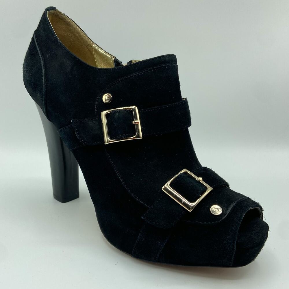 Elaine Turner Elan Buckle Ankle Booties Size 9 Black Suede Leather Platform Heel